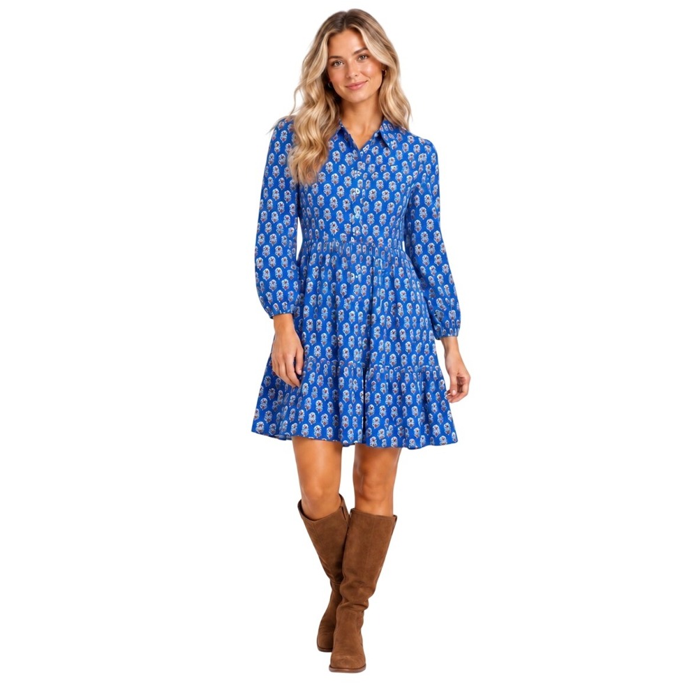 Boden Blue Floral Long Sleeve Tiered Shirt Mini Dress US 2P UK 6P